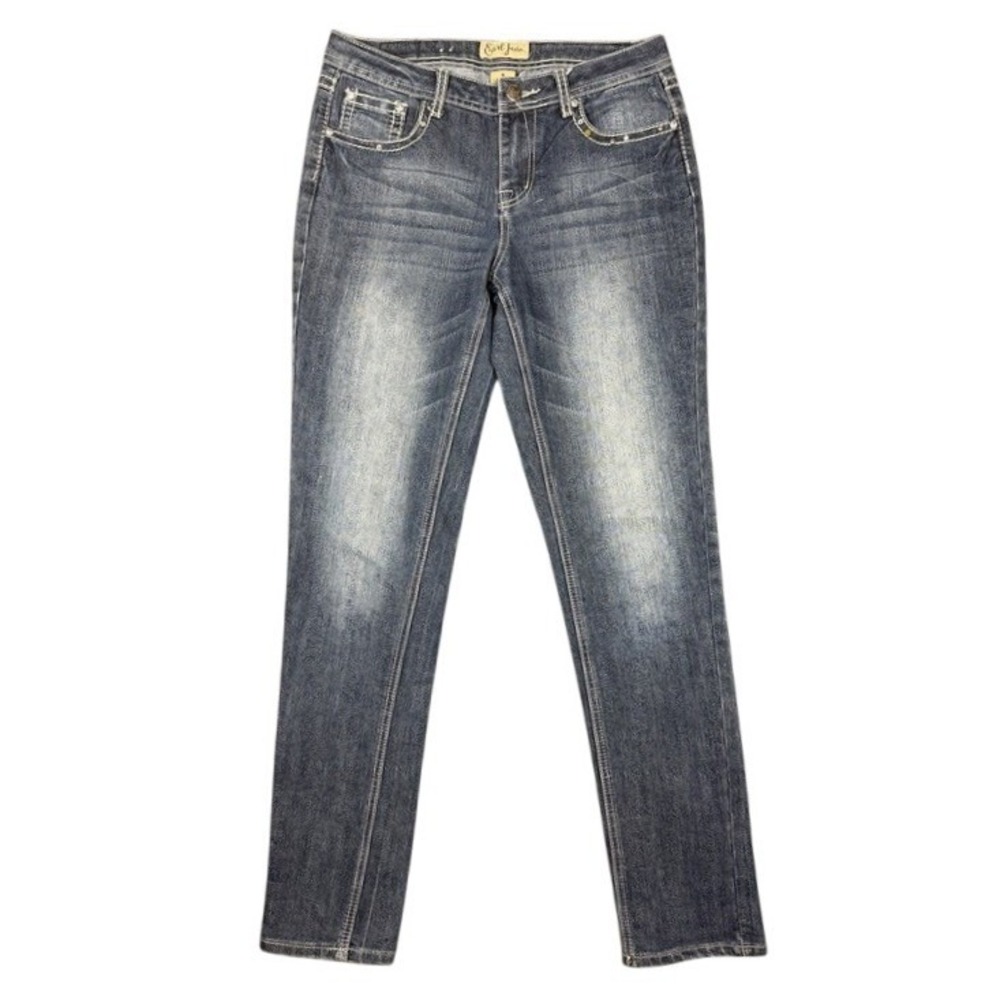 Earl Jean Women Size 6 Dark Wash Straight Leg Rhinestone Cross Pocket Jeans Blue